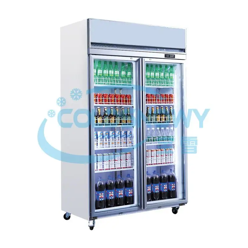 Raffreddamento della ventola sbrinamento automatico doppia porta in vetro frigorifero per bevande di grande capacità Display frigorifero