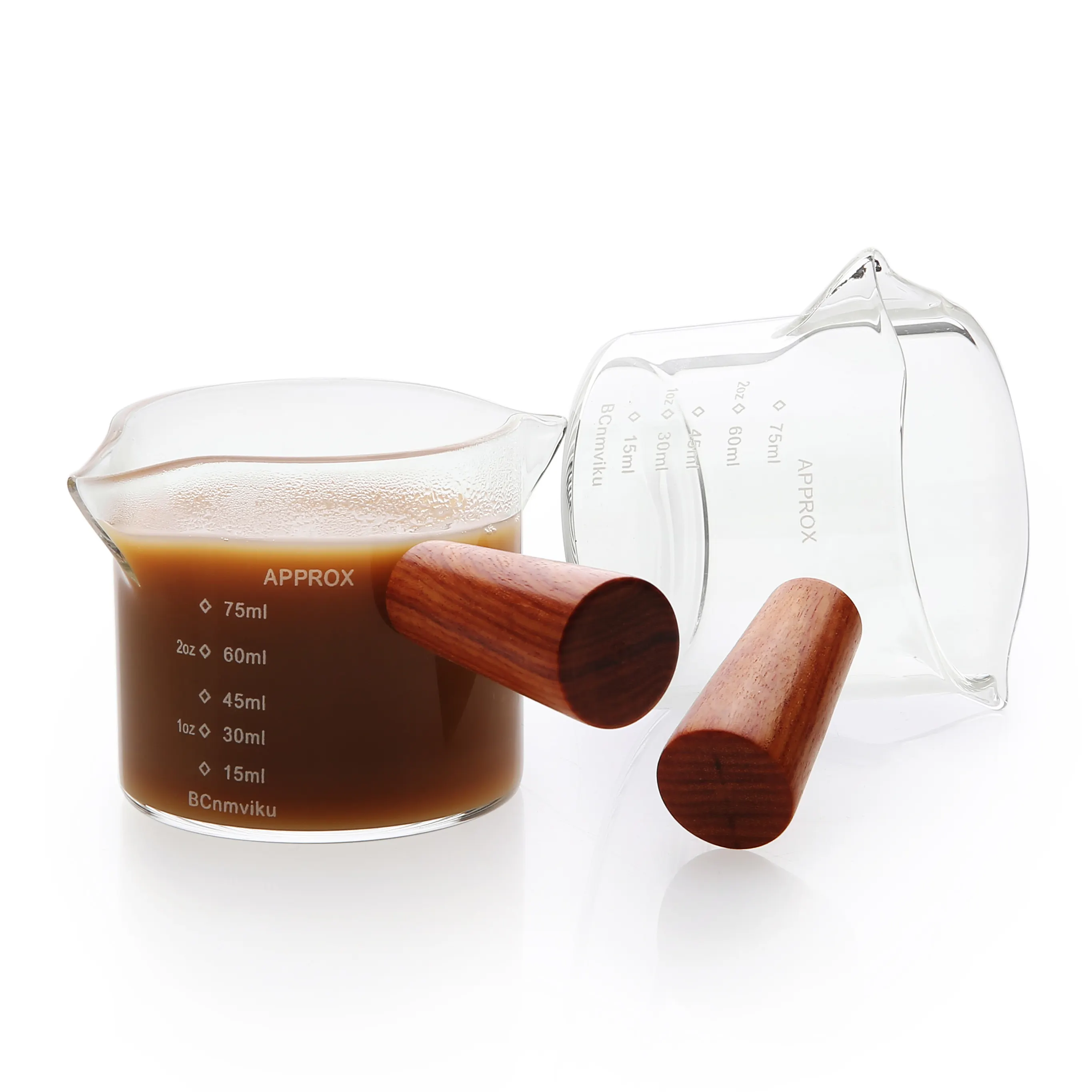 BCnmviku-Vaso de Leche de alta borosilicato para Espresso, vaso medidor de vidrio, 75ml, Triple jarra, tazas de leche con mango de madera