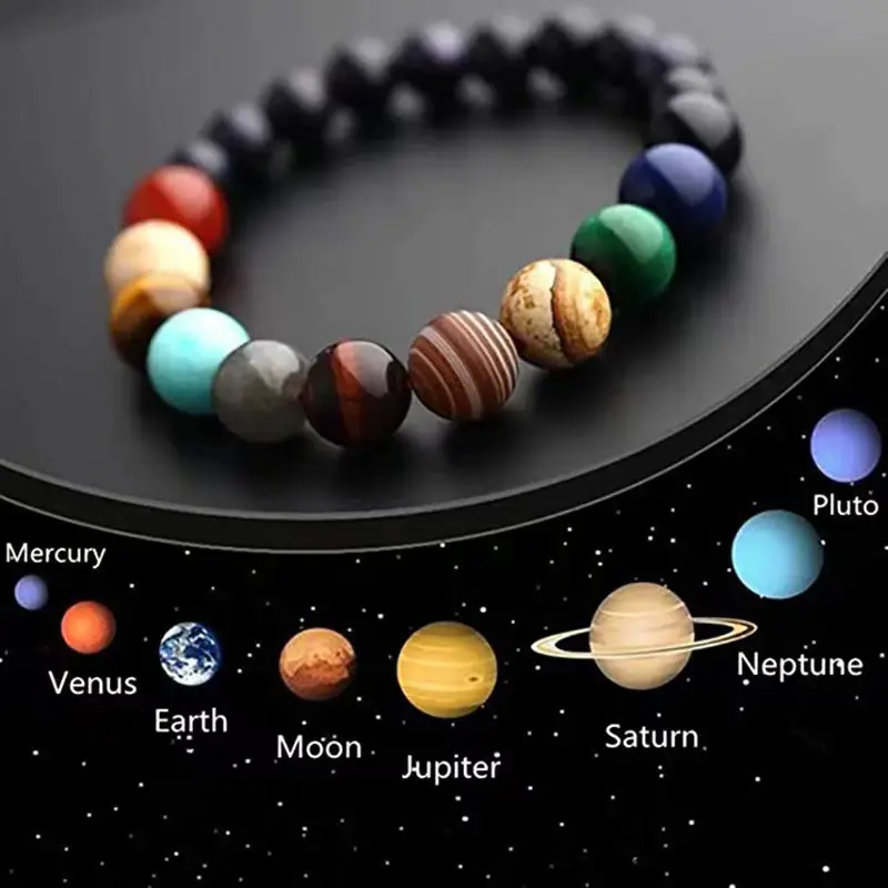 Pulseira de contas Galaxy Universe para homens, sistema solar com oito planetas, pingente de contas de pedra natural feitas à mão