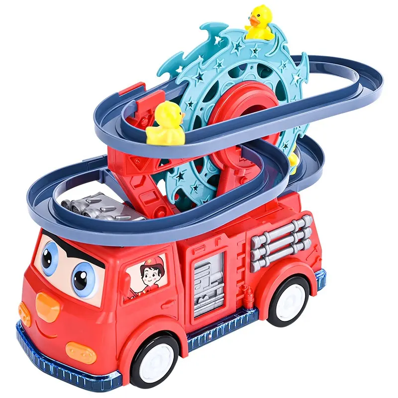 El más nuevo camión de bomberos eléctrico de juguete, coche de riel universal, camión de lucha contra incendios, rueda de La Fortuna, patito, pista deslizante de juguete con luz y música