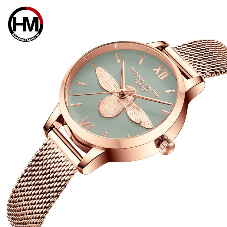 Relógios femininos hannah martin, relógios de malha de aço inoxidável HM-112, marca japonesa, movimento de quartzo, designer rosa de ouro, estilo elegante