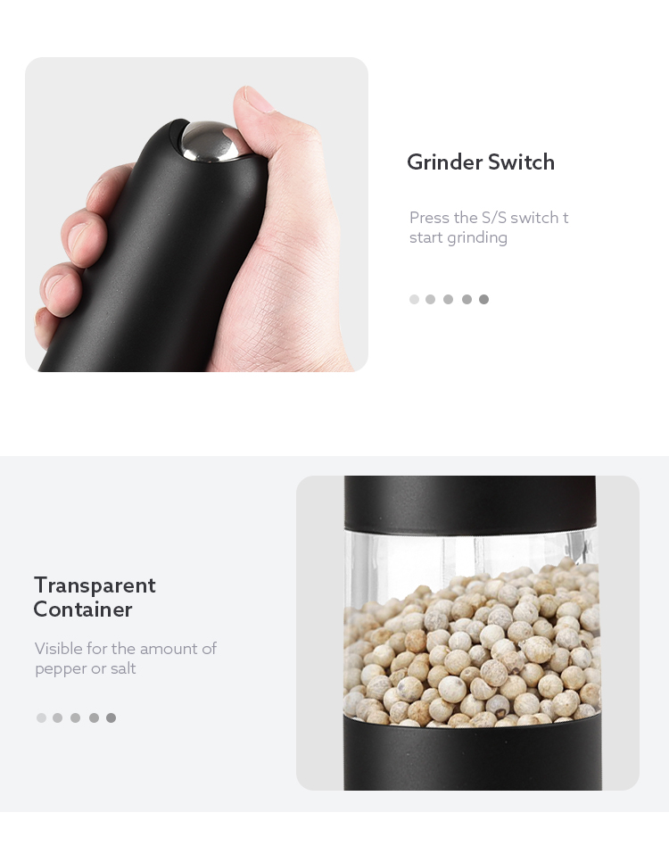 6 AAA batteries operated electric pepper grinder salt mill with white LED light