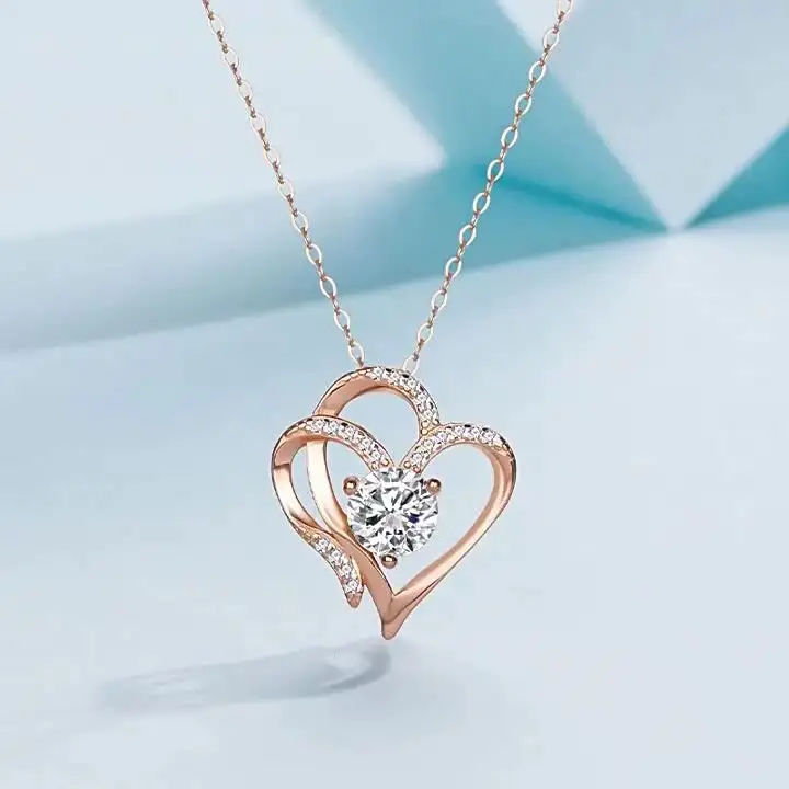 Collana di diamanti di lusso 925 argento Sterling 18K placcato oro doppio cuore collane gioielli di san valentino