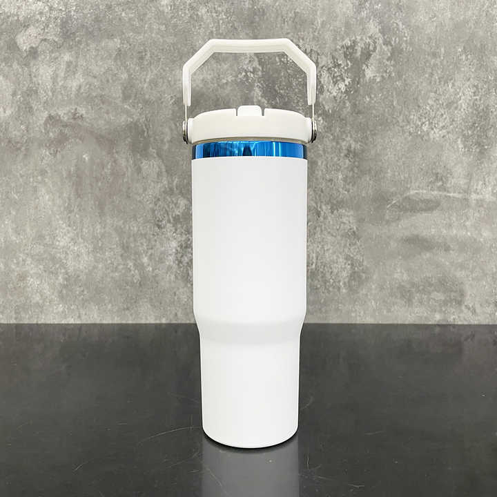 Botella de agua con pajita con tapa recubierta de polvo, con asa para grabado con láser, 30oz, azul