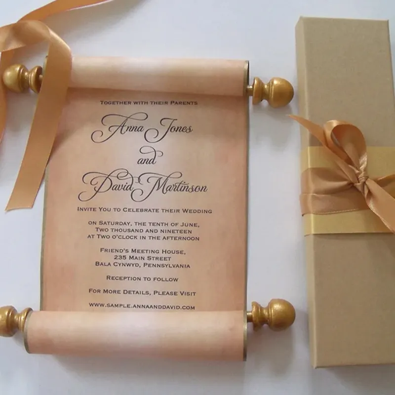 Tarjetas de invitación de desplazamiento de lujo para boda personalizadas, tarjetas de menú elegantes con cinta de papel, caja de tarjeta de invitación y borla