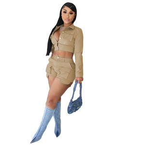 2023 Hot Bán Thời Trang Giản Dị Hai Mảnh Thiết Lập Mùa Thu Phụ Nữ Jogger Outdits Nút Crop Áo Khoác Và Quần Short Hàng Hóa Thiết Lập - Product Image 6