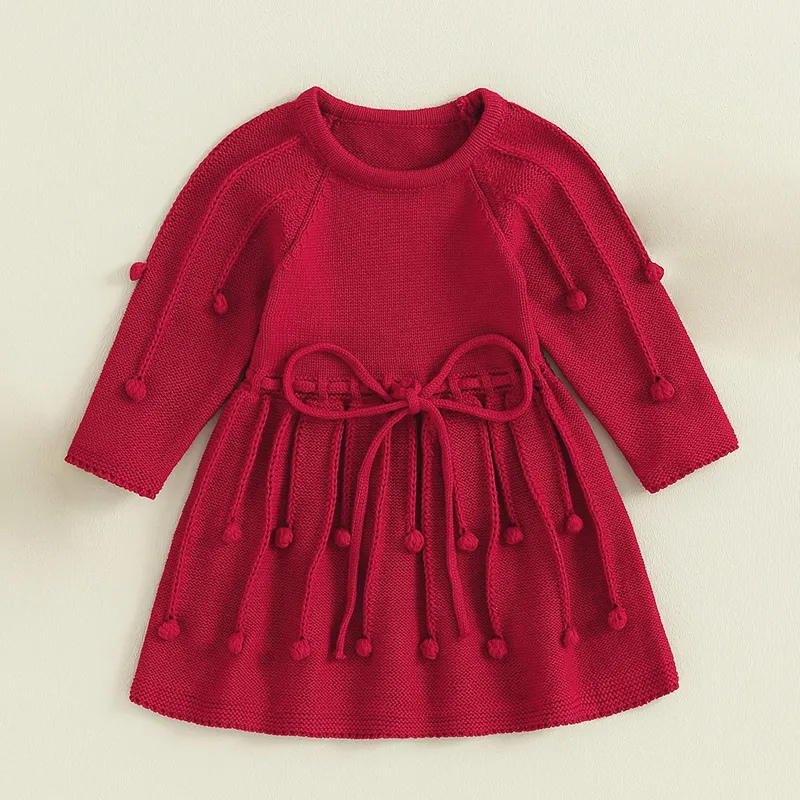 Noeud papillon réglable bébé fille vacances enfants vêtements rouge Pom Pom tenue décontractée à volants tricoté enfant en bas âge filles robes