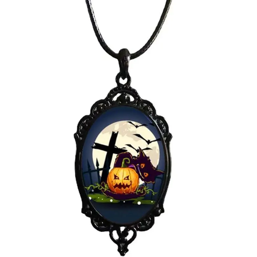 Collana cammeo di zucca di Halloween-pipistrello gotico croce pendente gioielli da strega misteriosa per le donne e le ragazze