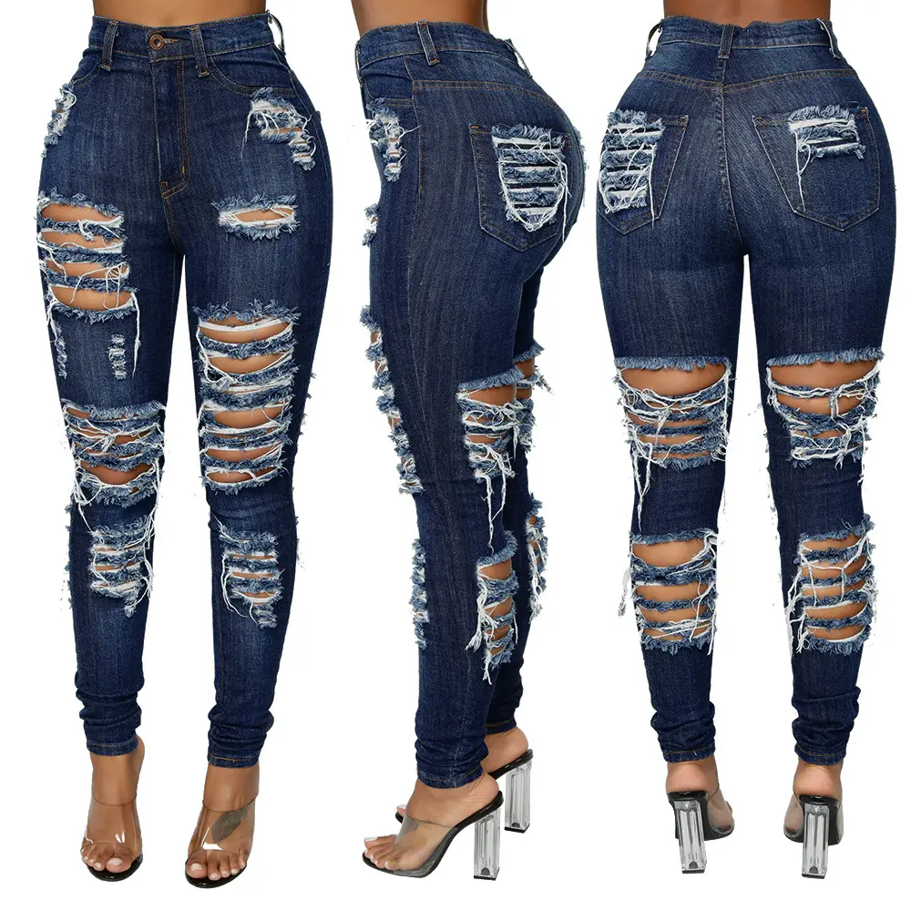 Groothandel Donkerblauw Dames Jean Vrouwen Vernietigd Skinny Denim Jeans Hoge Taille Vrouwen Broek