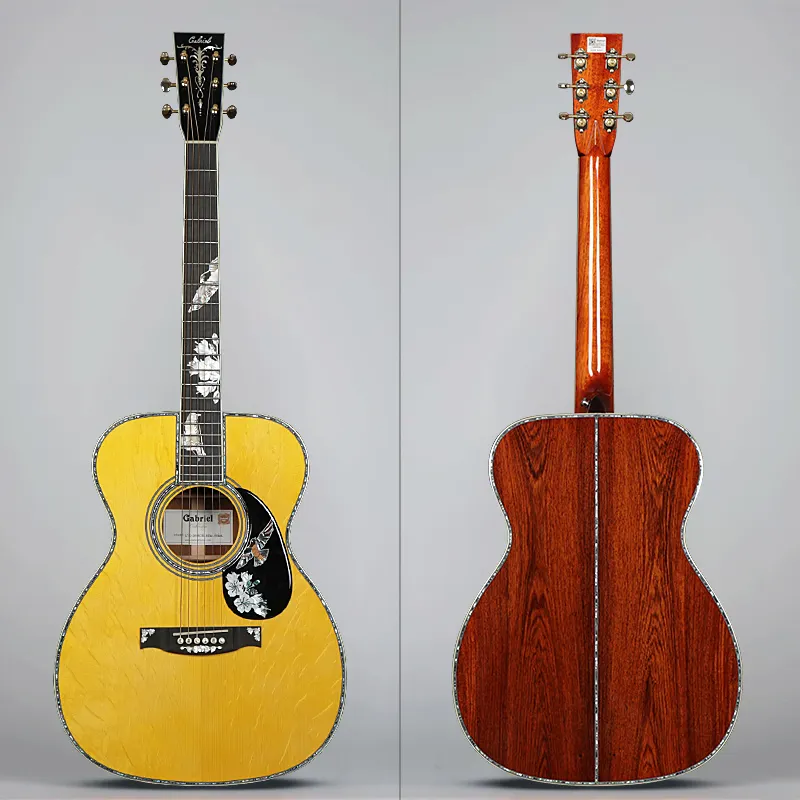 Guitarra acústica de 40 pulgadas con diseño personalizado, instrumento musical con diseño ergonómico OM, material de madera de palisandro, material OEM OM45, OM42, a la venta