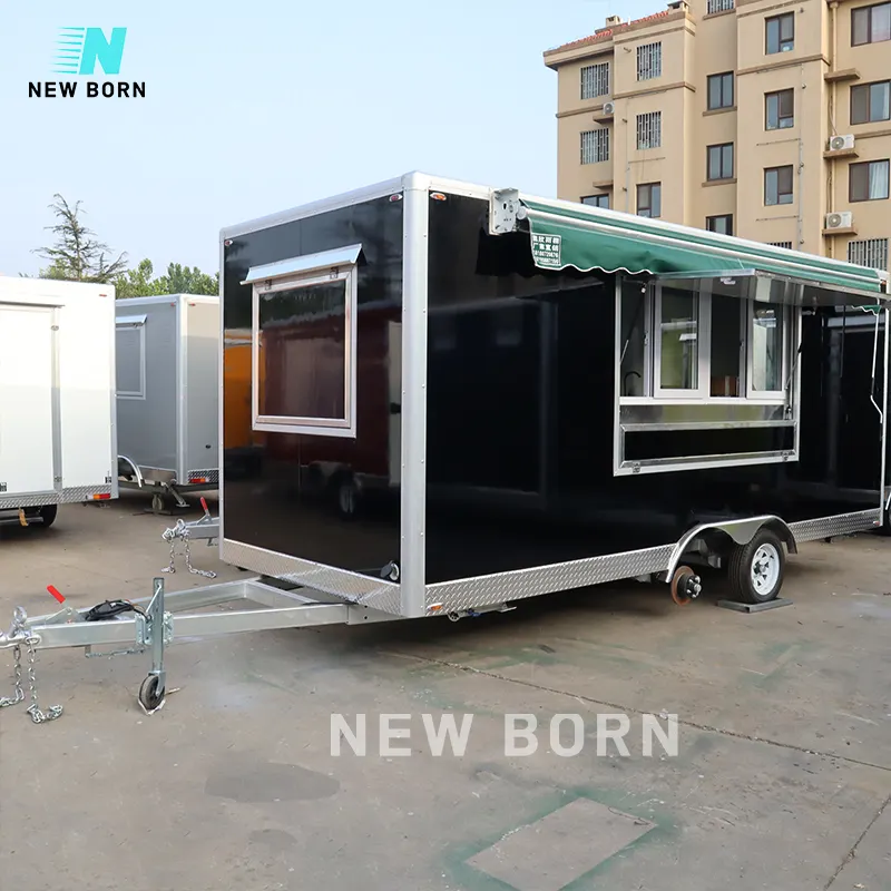 عربة الطعام المتنقلة NEWBORN 14.5ft، شاحنة الغذاء للبيع، عربة امدادات مطبخ قابلة للقطر للبيتزا والوجبات الخفيفة، مقطورة مربعة الطعام