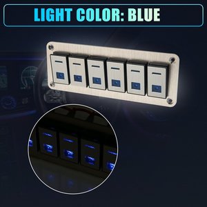 カーボート6ギャング5ピントグルロッカースイッチパネル12V/24VサーキットブレーカーブルーLEDインジケーターアルミニウム合金ゴールドトーン