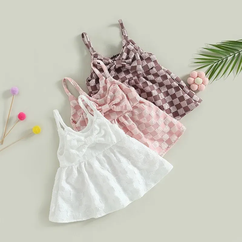 2023 Lovely Baby Girl Verão Vestidos Xadrez Impresso Spaghetti Straps Bowknot Meninas A linha Vestido para Casual Daily Party