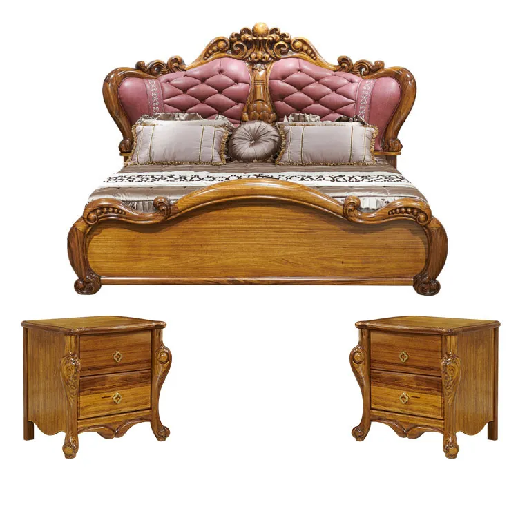 Lit double en bois d'ébène, lit européen en bois massif, cuir sculpté, haut de gamme pour villa américaine, lit de mariage de luxe