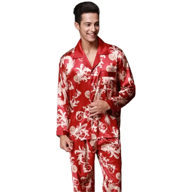 Venta al por mayor china de lujo de seda satén hombres pijamas de manga larga de verano pijama ropa de dormir para los hombres