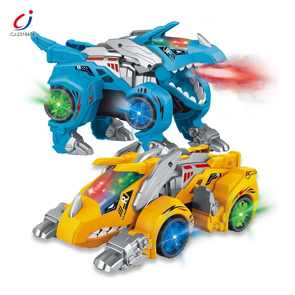 Coche de juguete universal con deformación eléctrica para niños, juguete de acrobático con luz y sonido, con espray de dinosaurio, música divertida