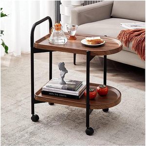 Modern 2 katmanlı ahşap uç masa sehpa ve mobil içecek sepeti ev haddeleme depolama tekerlekler ile - Product Image 6