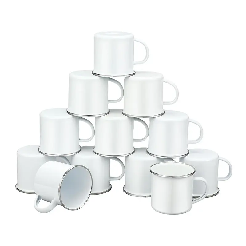 Tasse de camp en émail 12 oz tasse à café de camping en émail blanc avec poignée jante en argent tasse à boire portable tasse en métal vintage