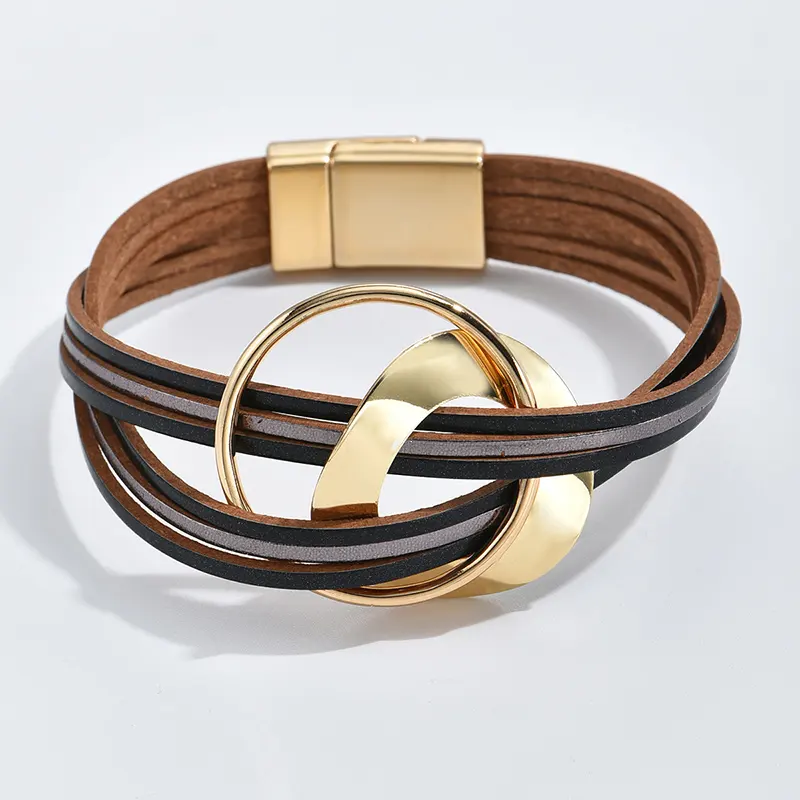 Design Hollowed out sense cross gold circle genuine leather friendship magnetic buckle bracelet for men