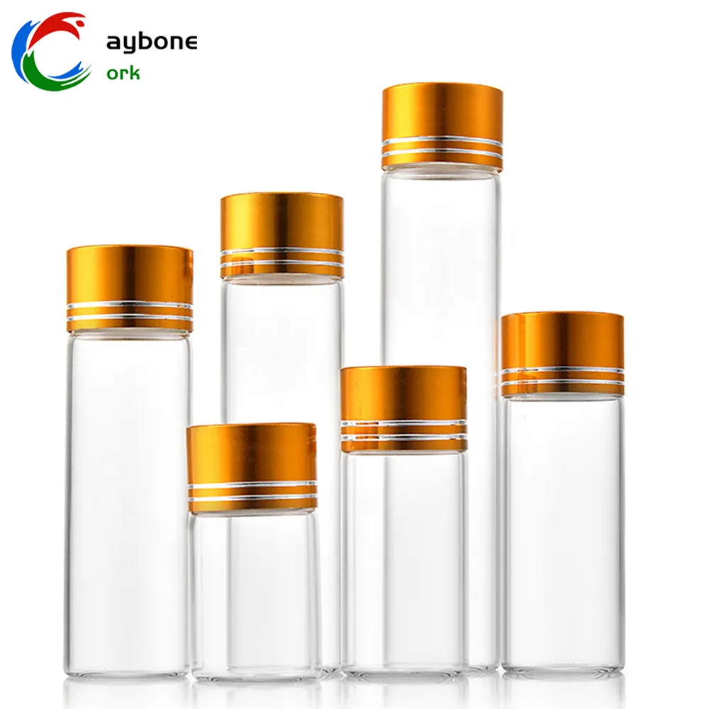 LOGO personalizzato provette trasparenti con coperchi in plastica dorata tubo di caramelle barattoli di vetro trasparente con tappo a vite piccola bottiglia per la conservazione