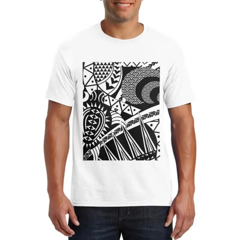 Keluaran baru kaus pria 230GSM kaus gambar cetak suku polinesian hitam & putih kustom Logo cetak 100 katun