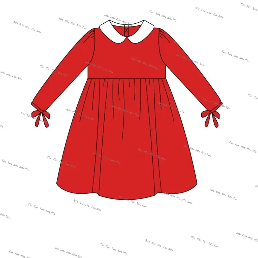 Neuankömmling Weihnachten Baby kleines Mädchen Baumwoll kleid Langarm Pan Kragen Bogen Outfit benutzer definierte passende Baby Bubble Sets
