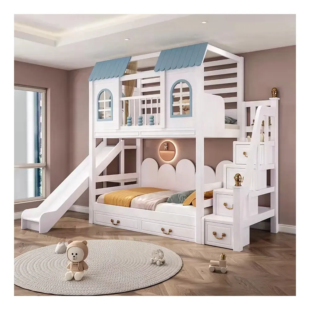 Litera de Casa de Castillo de madera maciza de diseñador para niños, con tobogán de techo y escalera, casa de árbol de lujo moderna, litera para niños