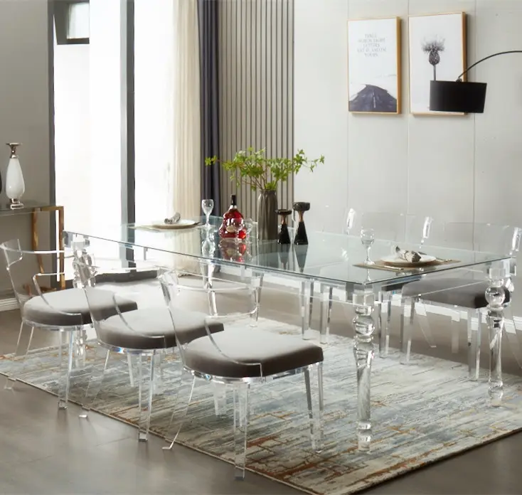 Mesa de comedor plegable de cristal con patas acrílicas para restaurante, juego de muebles modernos para Cocina