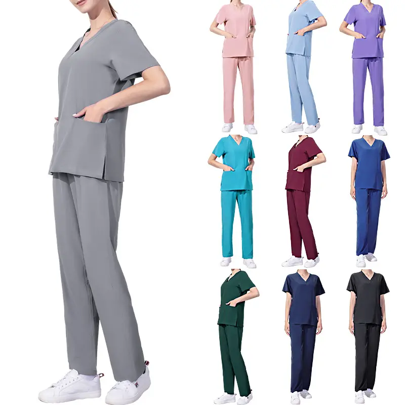 Personnel hospitalier à manches courtes hommes femmes uniforme d'allaitement ensembles d'uniformes de gommage médical 72% polyester 21% rayonne 7% spandex