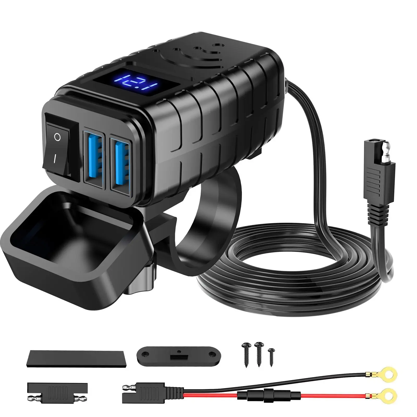 Factory OEM Motorbike Phone Charger SAE Socket 12V QC3.0 Motorcycle Waterproof Dual Usb Charger With Voltmeter Display