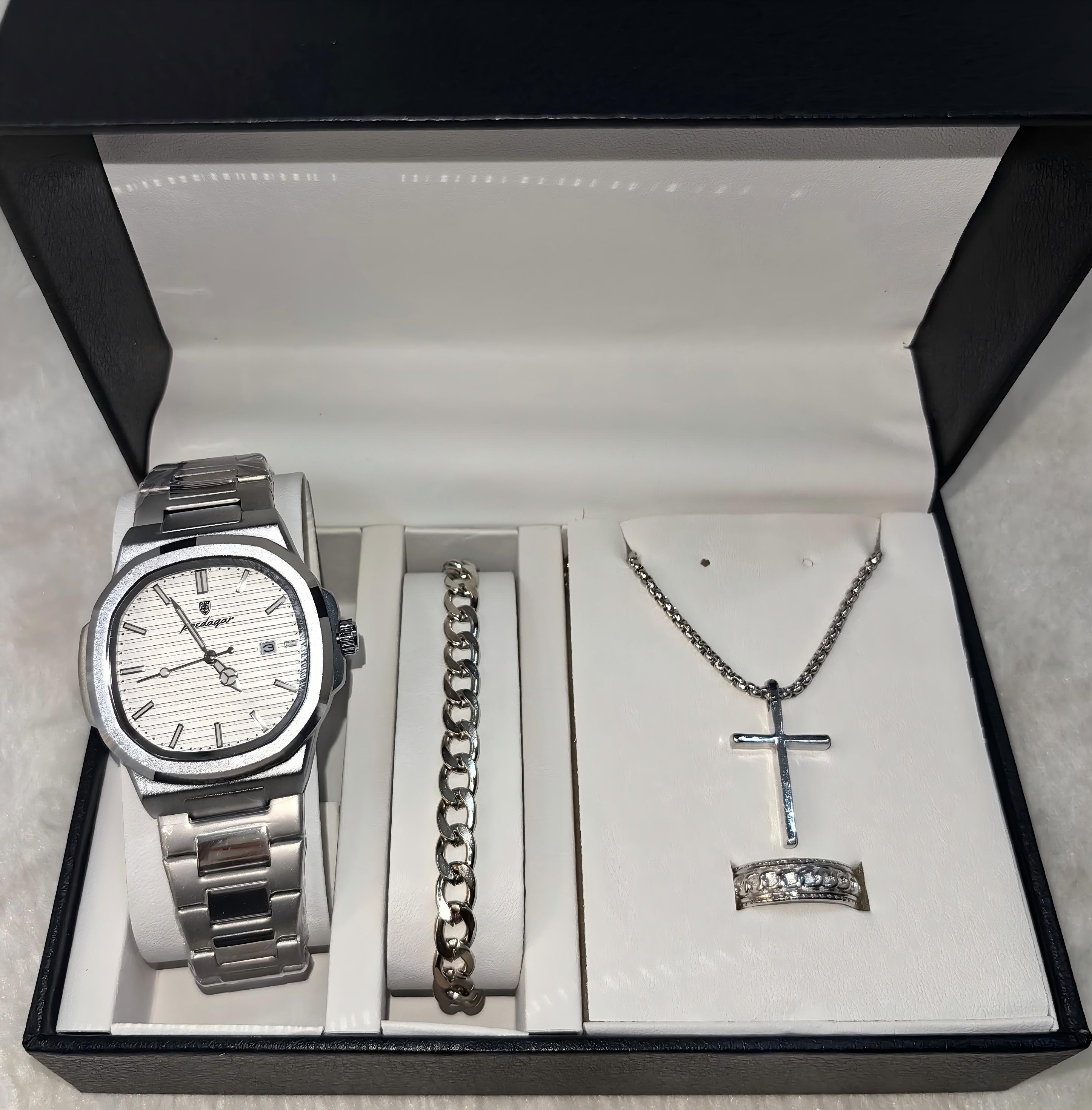 Orologio bianco argento + accessori argento + scatola