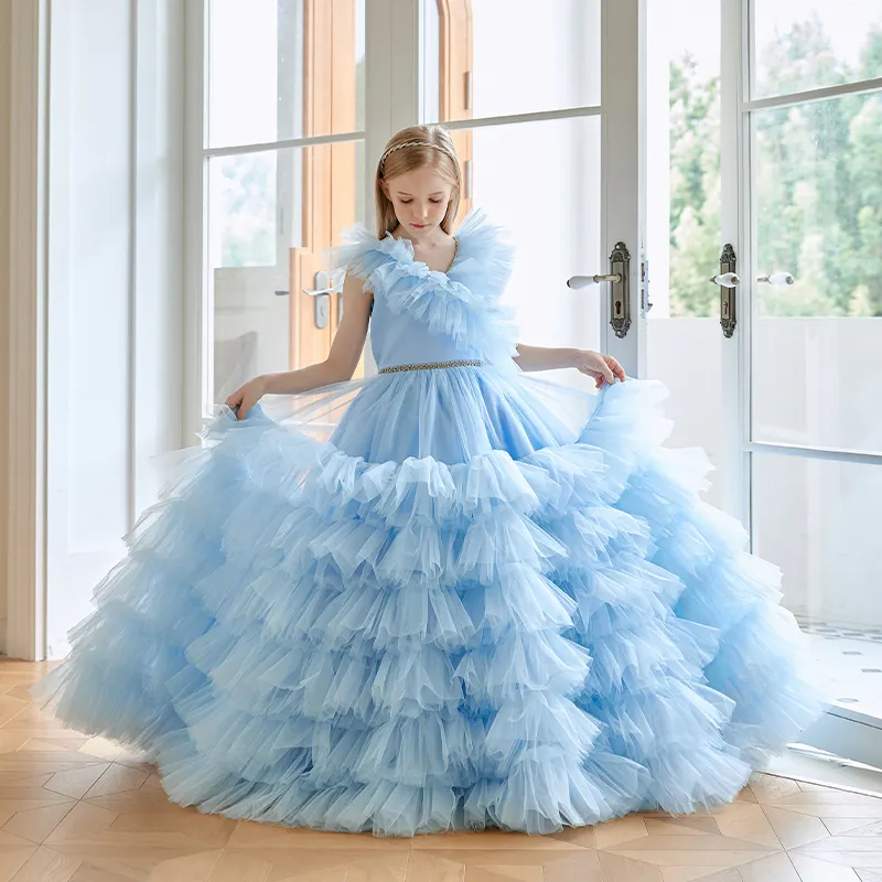 Летняя Одежда для девочек синяя Цветочная пачка длинное свадебное платье для девочек Пышное Платье на день рождения детская одежда для больших девочек