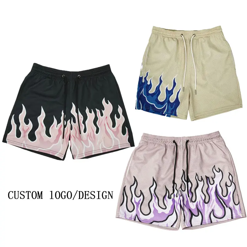 Custom High Quality Men Sports Casual Breathable Quick Drying Fitness Sublimation Flame Pattern Mesh Shorts With Pockets