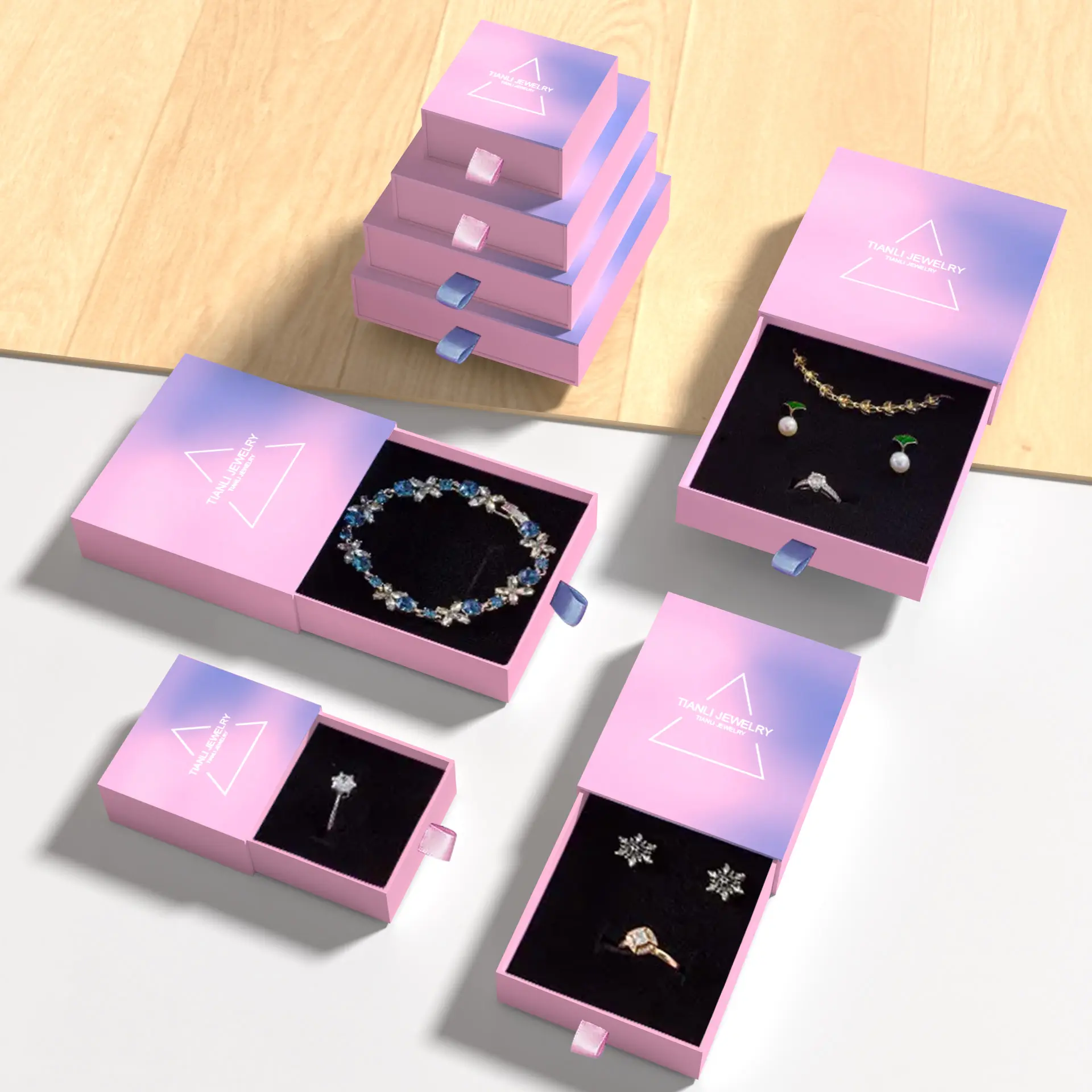 Benutzer definierte kleine rosa Papier Pappe Armband heraus schieben Ring Schublade Verpackung Schmucks cha tulle mit Logo gedruckt