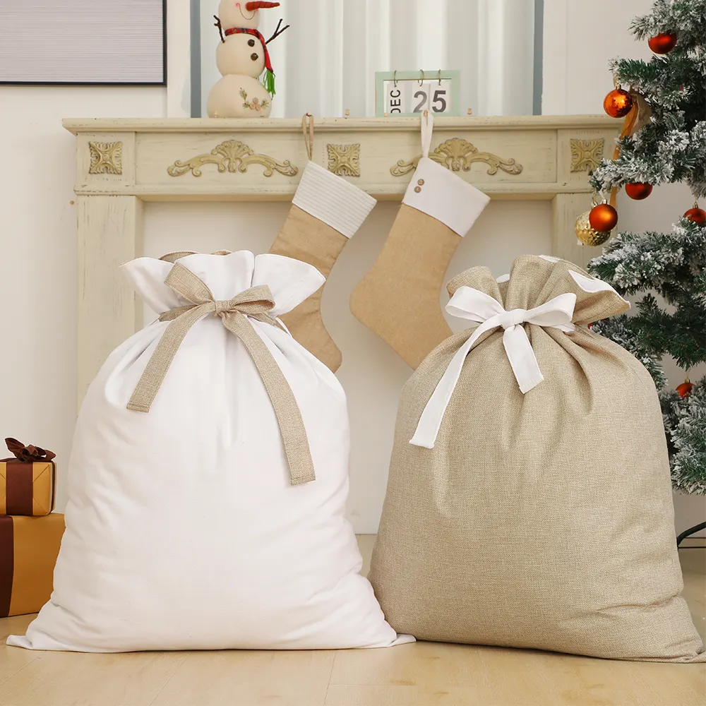 กระเป๋าซานต้าสองชั้นแคนวาสลินินเข็มขัดลูกกวาด,กระสอบคริสต์มาสของขวัญมาใหม่