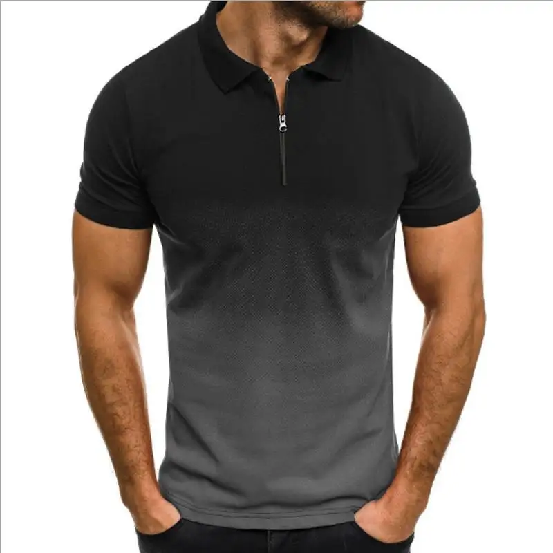 Camiseta casual com gola 3d masculina, camiseta de verão e outono para esportes, estampa degradê, manga curta com zíper