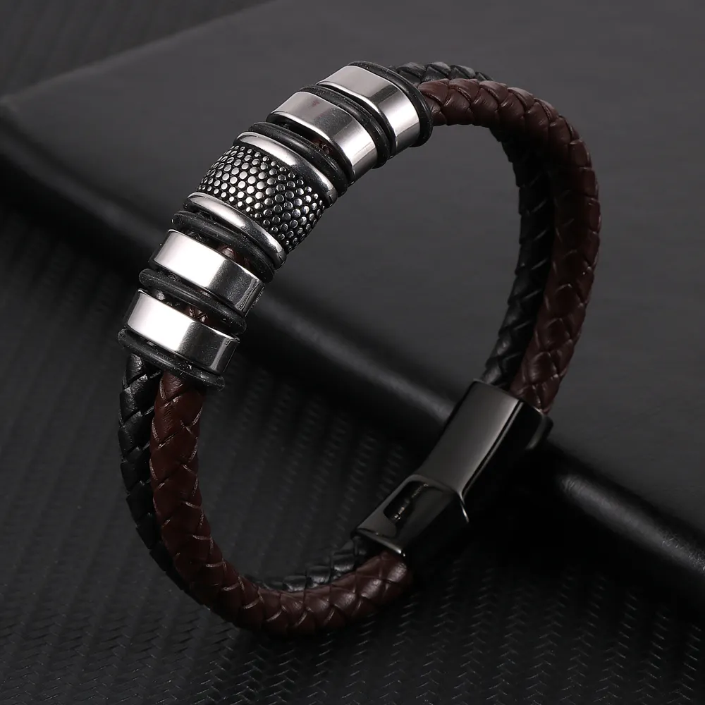 Steampunk Men Jewelry Stainless Steel Charm Bangles Jewelry Wide Double Layers Black Brown Real Cowhide Leather Bracelets