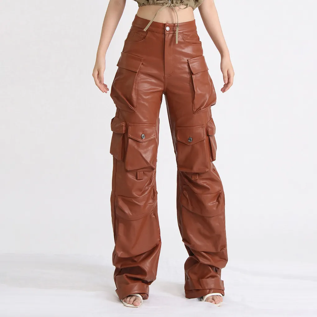 Custom China Supplier Brown Green Women Long Pants Fashion Pu Leather Ladies Trousers For Women
