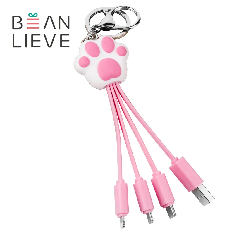 Regalo divertido lindo dibujos animados pata Rosa gato garra niños niña Multi cargador Cable llavero teléfono 3 en 1 Cable de carga USB