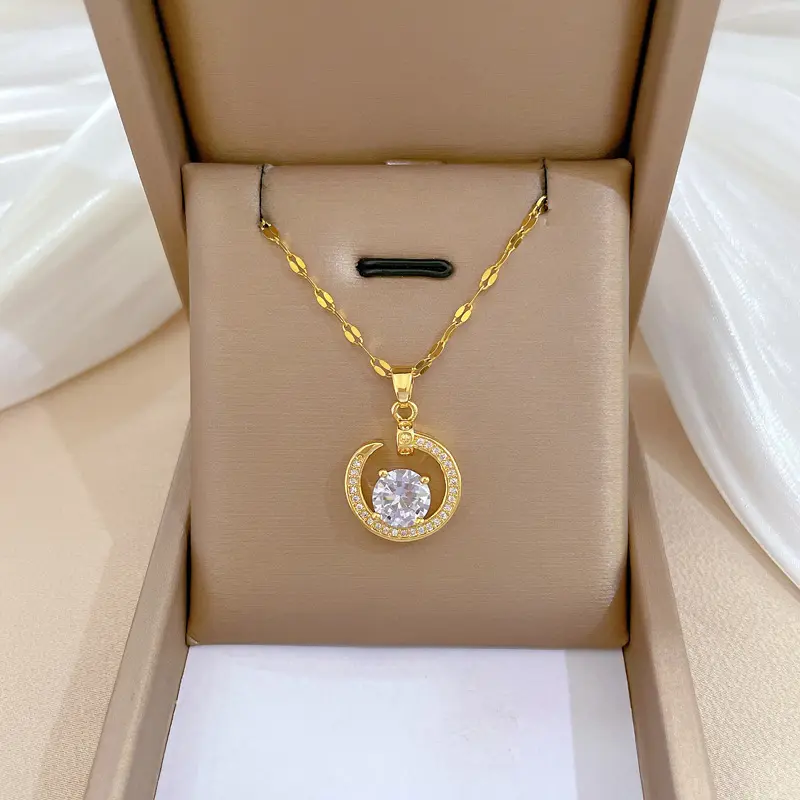 Zircon Moon Light Luxury Gorgeous Full Diamond Gold Necklace Women's Versatile Titanium Steel Pendant Necklace