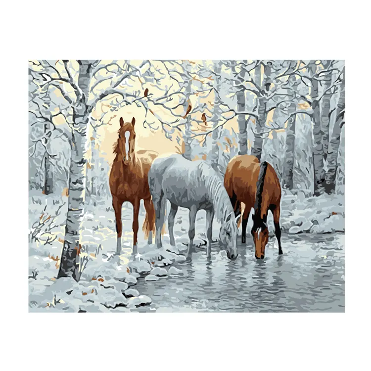 Pintura a óleo colorida Diy Três cavalos na neve estão bebendo água Pinturas a óleo para venda Home Decor Gift