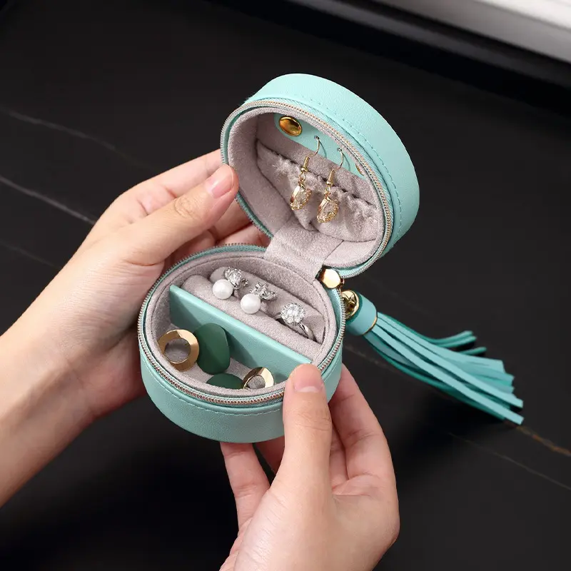 Kotak Perhiasan Mini Kotak Perhiasan Portabel Perjalanan Melingkar PU Kulit Rumbai Anting Cincin Kotak Penyimpanan Perhiasan