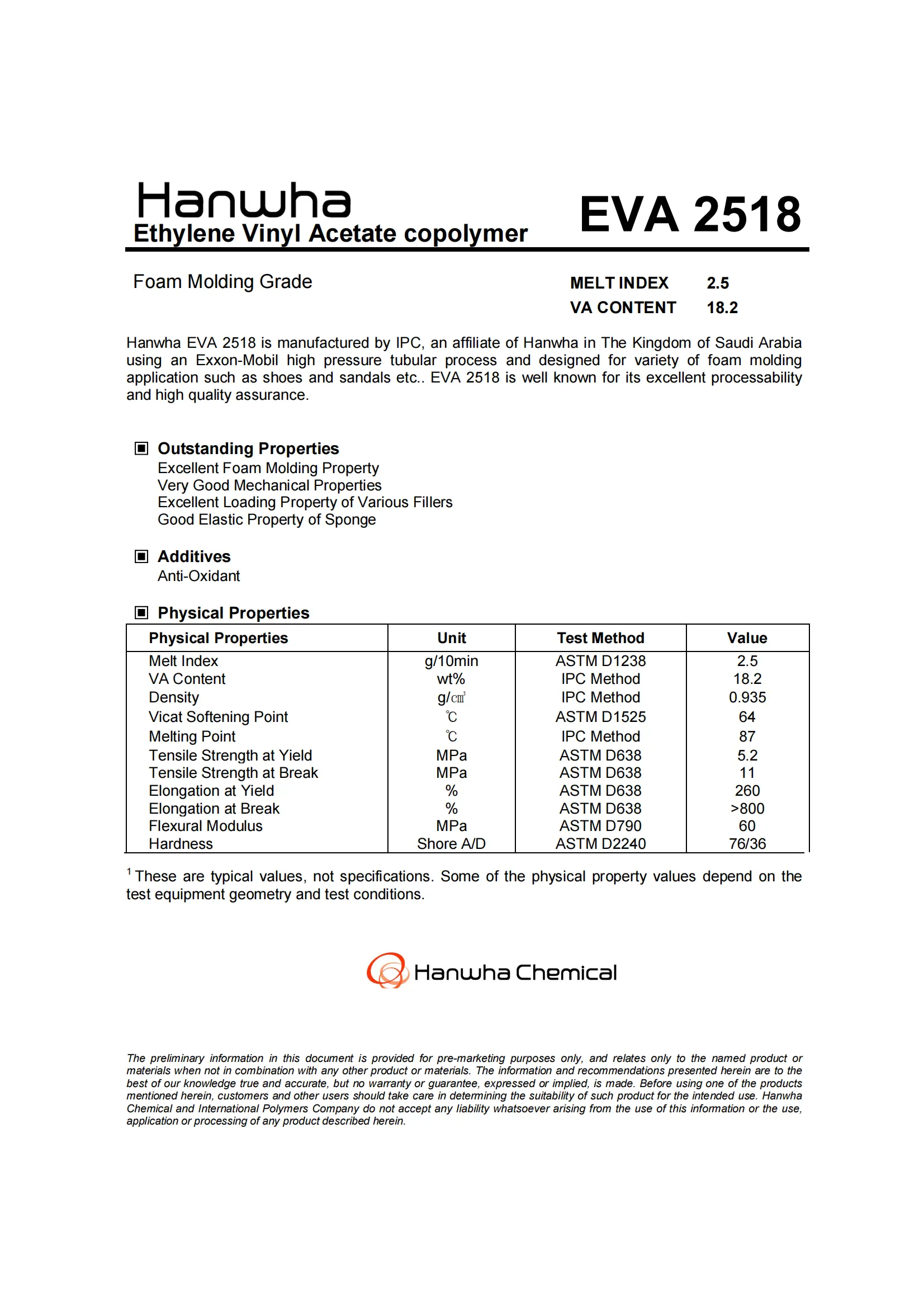 Moulage mousse grade EVA 2518 granules VA 18.2% pour chaussures et sandales
