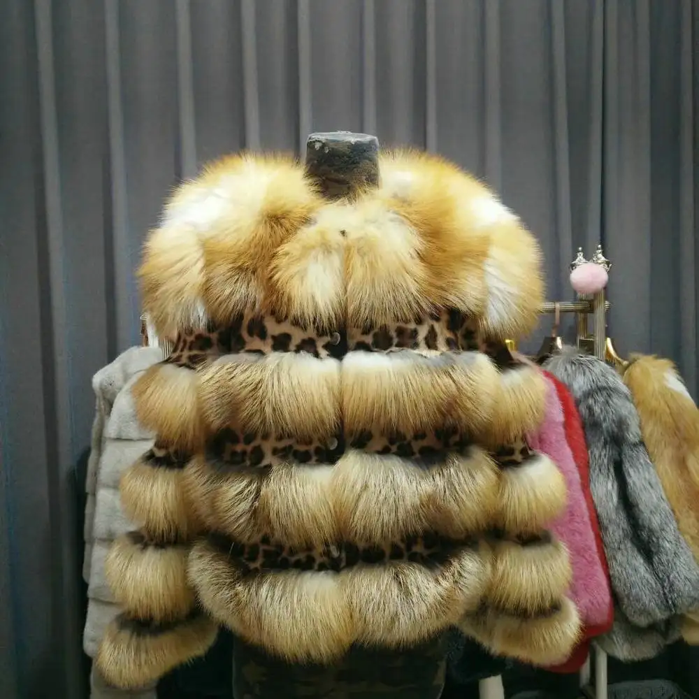 2019 di modo di volpe cappotto di pelliccia con il disegno della stampa del leopardo rosso naturale pelliccia di volpe cappotto donna cappotto di formato personalizzato