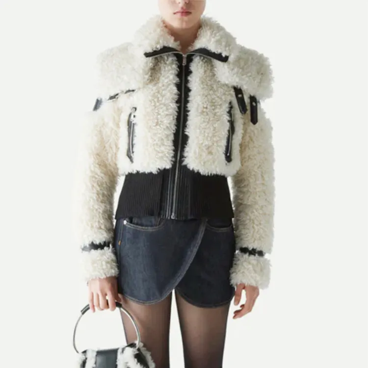 women's Winter outwear crop patchwork Pu leather wool faux fur fluffy sherpa shearling biker jacket short fleece coat