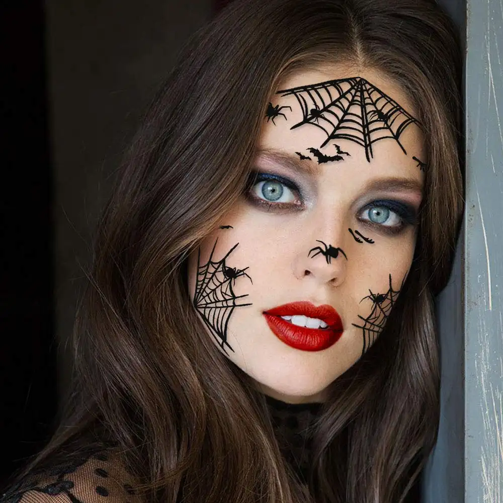 Halloween tatuaggi temporanei carta transfer sticker ragnatela black widow gothic goth donna uomo adulti bambini body art makeup cos