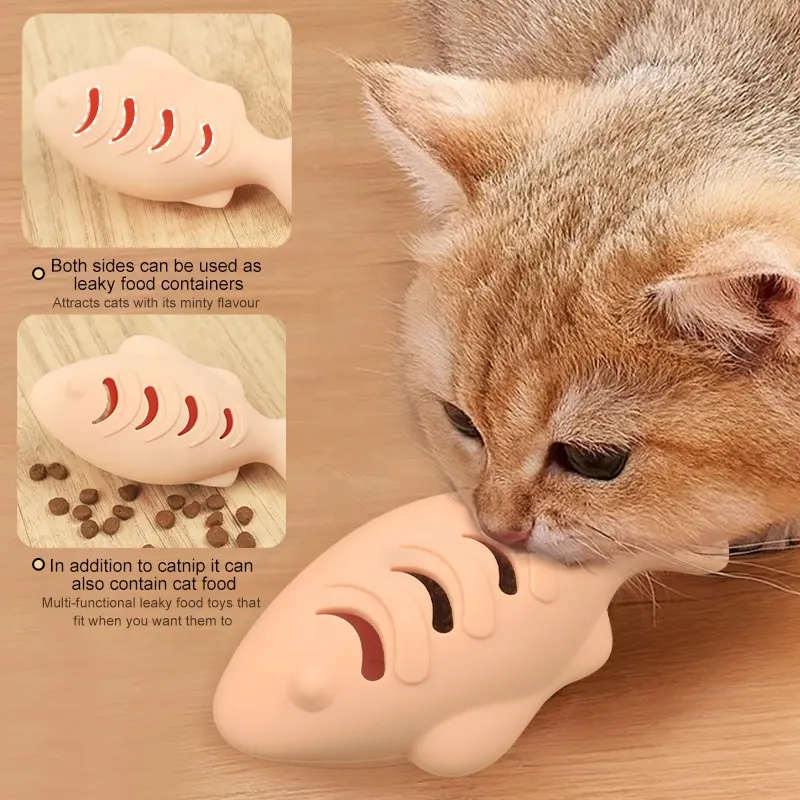 Ventas al por mayor Bola de menta para gatos Juguetes en forma de pez Juguetes para mascotas Bola interactiva Limpieza de dientes y juguetes para lamer mascotas