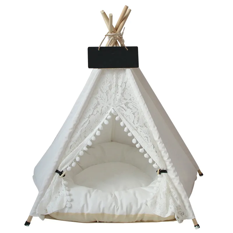 PiCi Paw Pet Indian House Rideau en dentelle avec boule Chien Chat Lit Maisons Coton Toile Blanc Pet Play Tipi Tente