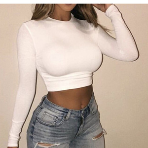 Özel kırpma üst T shirt seksi temel kısa gömlek kadınlar uzun kollu kırpma üstleri ile özel Logo