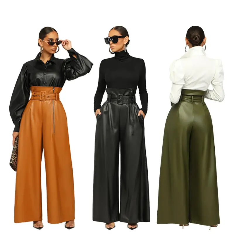 Ropa de otoño para mujer, pantalones de cuero PU, pantalones holgados, bolsillos, cinturón de Metal, pantalones de pierna ancha de cintura alta, pantalones de cuero para mujer